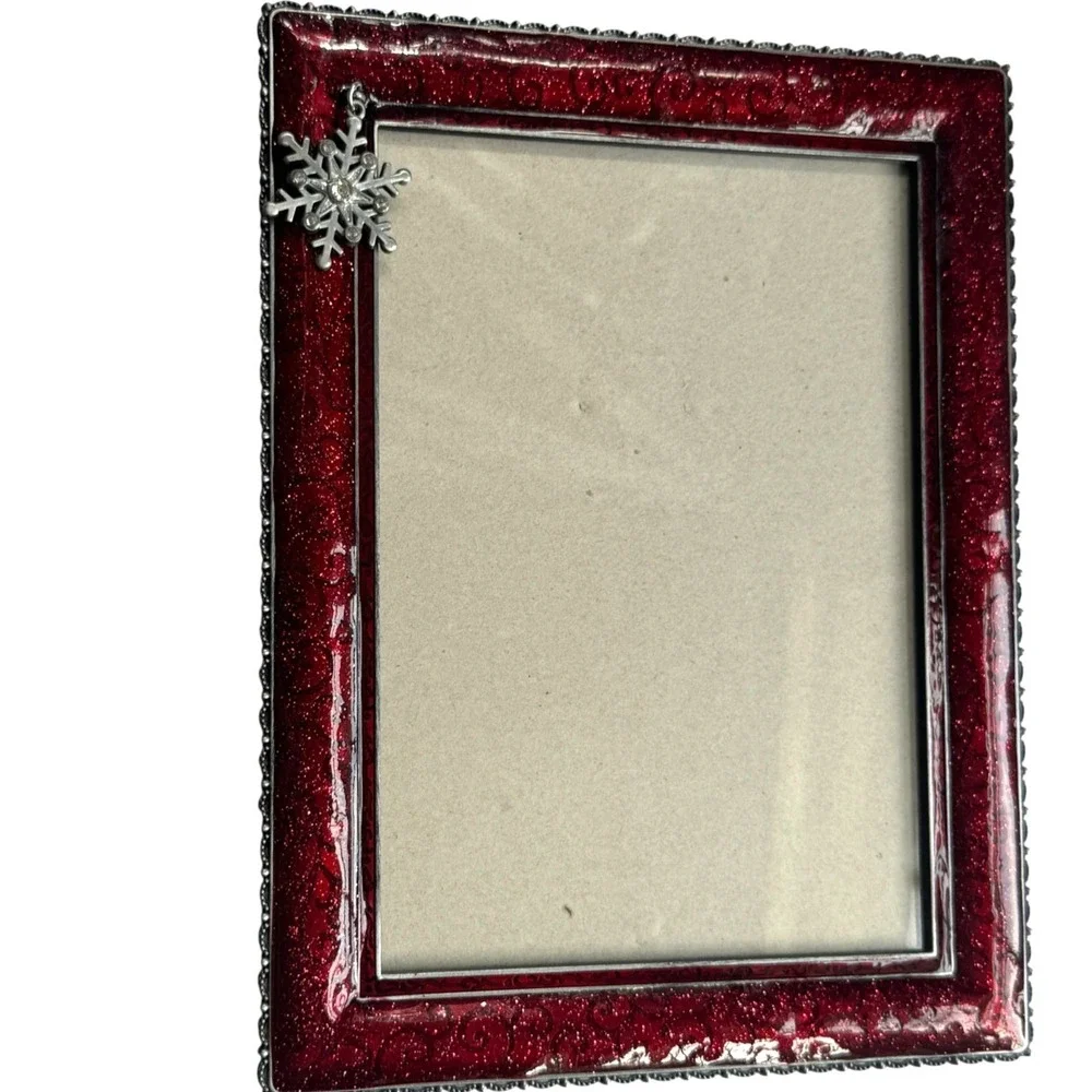 Red Glitter Snowflake Enamel 5x7 Picture Frame Sparkly Christmas Holiday Decor